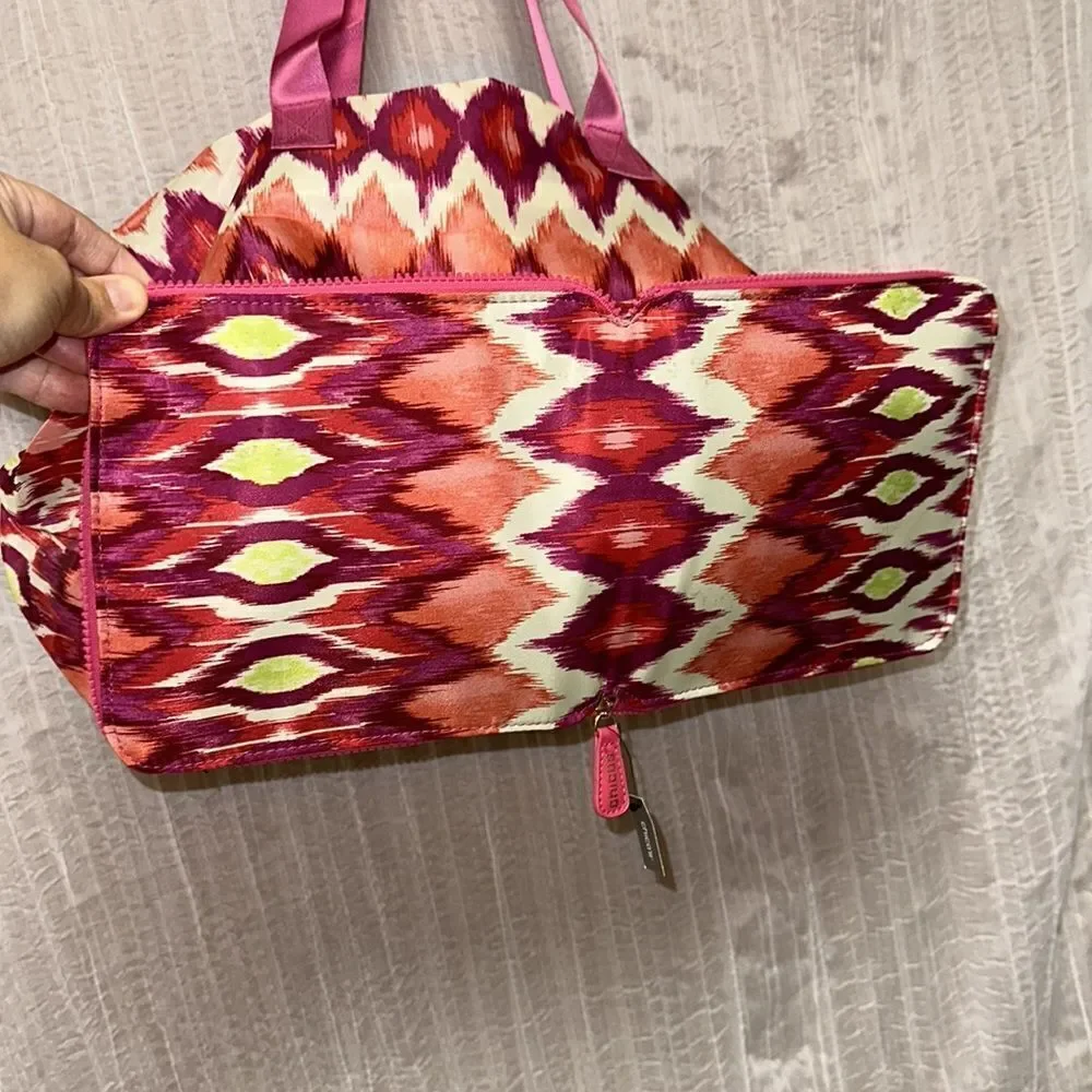 CHICO’S Ivory Coral Pink Green Purple Packable Large Weekender Polyester Bag